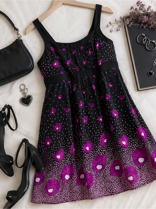 SL Fashions Dresses & Skirts - S.L. Fashions Vintage Black & Purple Floral Polka Dot Empire Waist | Dress 20W
